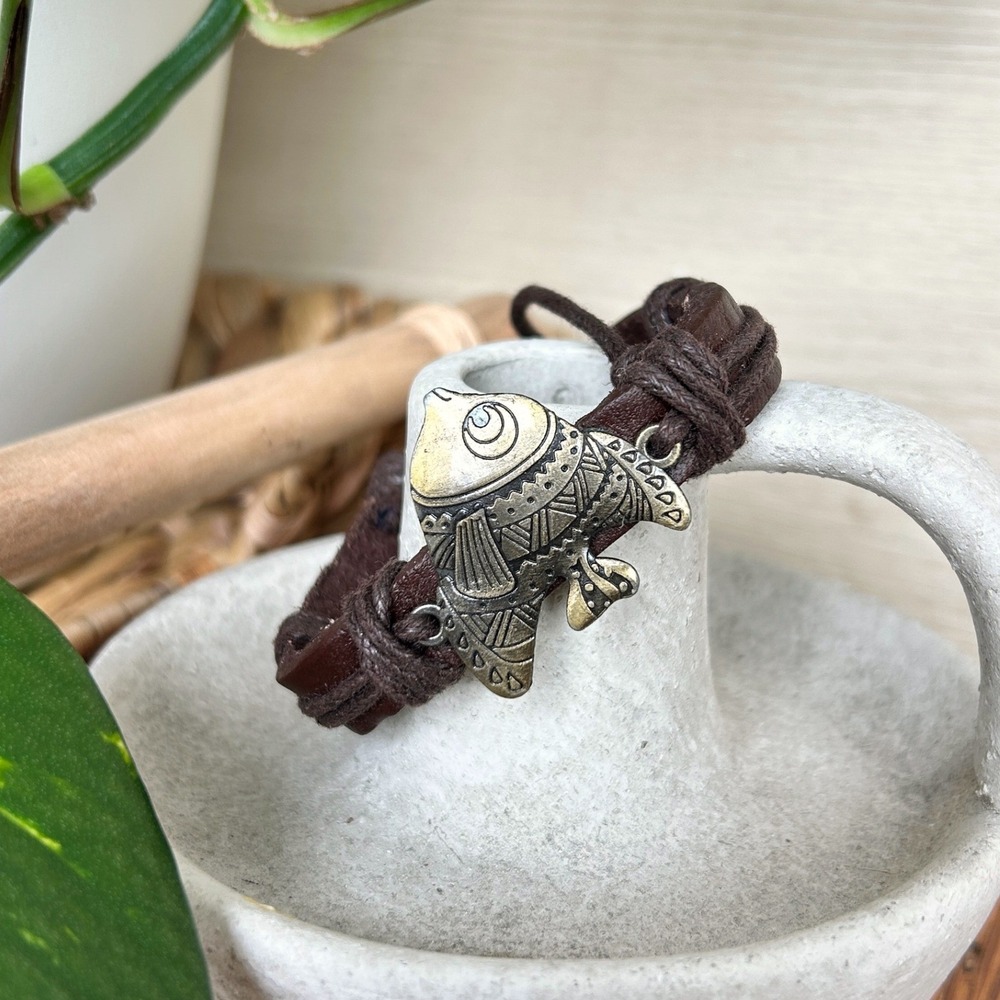Angelfish Charm‎ Leather Bracelet Adjustable Brown Cord Boho Nautical